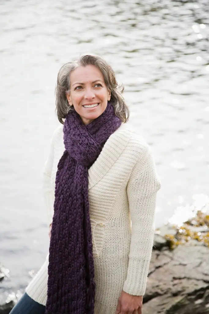 senior mature woman with gray long hair